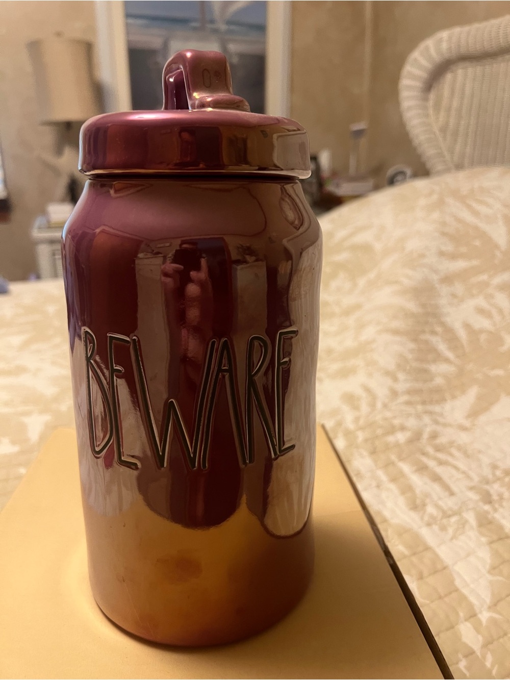Rae Dunn Metallic Purple Ceramic Canister with Lid - 'BEWARE'